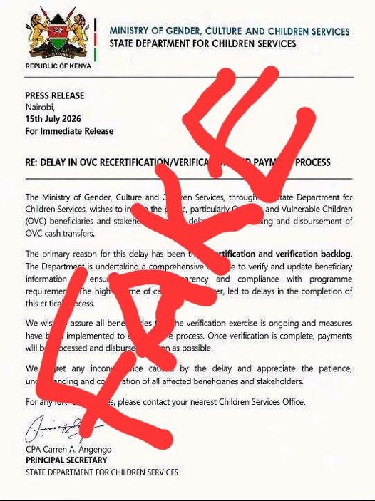 OVC Cash Transfer Delay Notice is Fake; Government Issues Warning