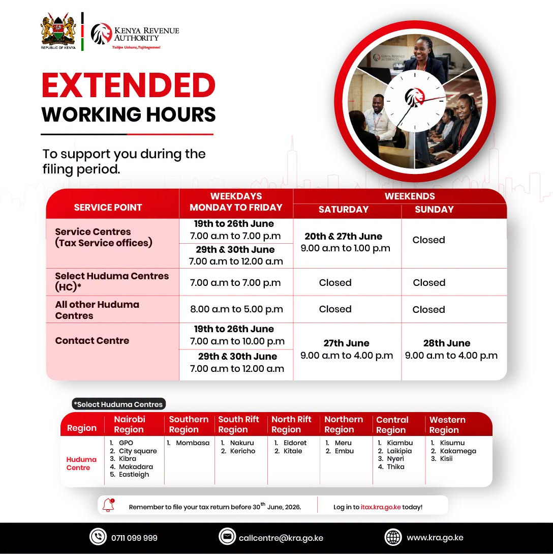 KRA Extends Service Hours to Support Taxpayers Ahead of 30 June Deadline