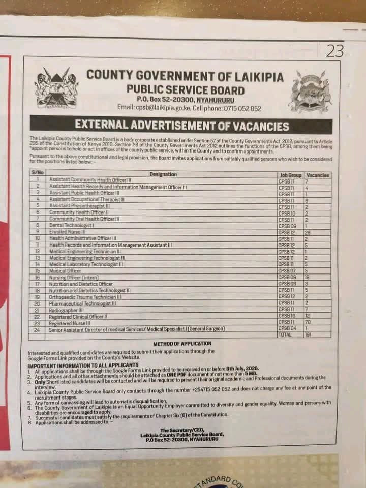 Laikipia County Government Announces 191 Health Job Vacancies; How to Apply