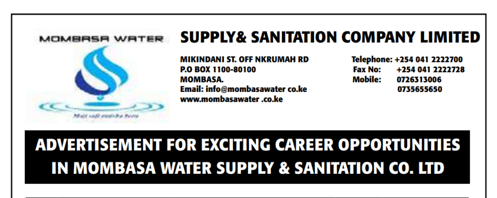 Mombasa Water Supply & Sanitation Company Announces 6 Senior Career Opportunities; How to Apply