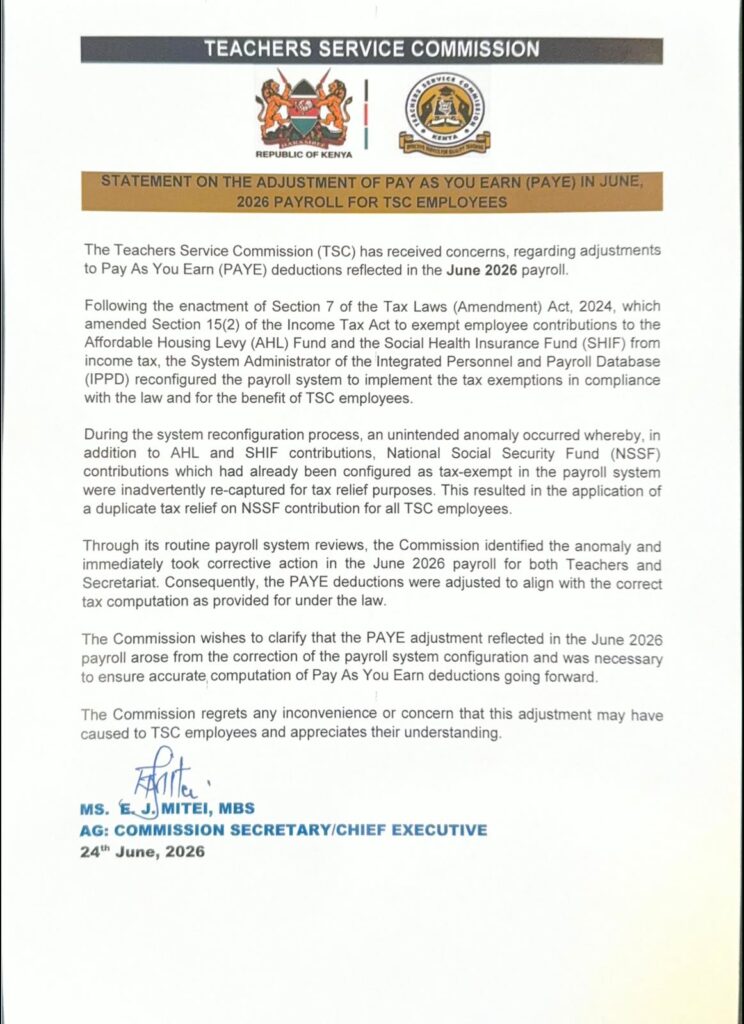 TSC Explains PAYE Adjustments in June 2026 Payroll After System Anomaly