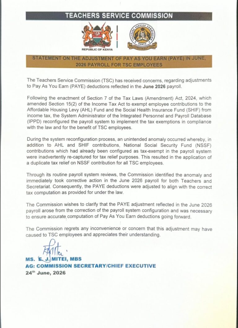 TSC Explains PAYE Adjustments in June 2026 Payroll After System Anomaly