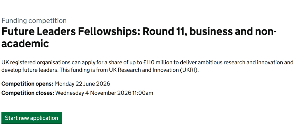 UK Government - Future Leaders Fellowship Grant Programme – Round 11 2026 (With up to £3,000,000 in Funding)
